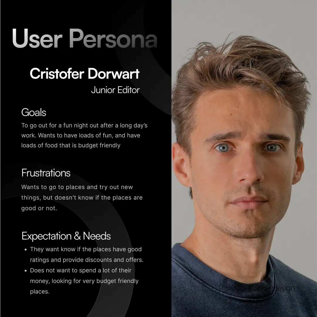 User persona card for Cristofer Dorwart, a junior editor, outlining his goals, frustrations and needs.